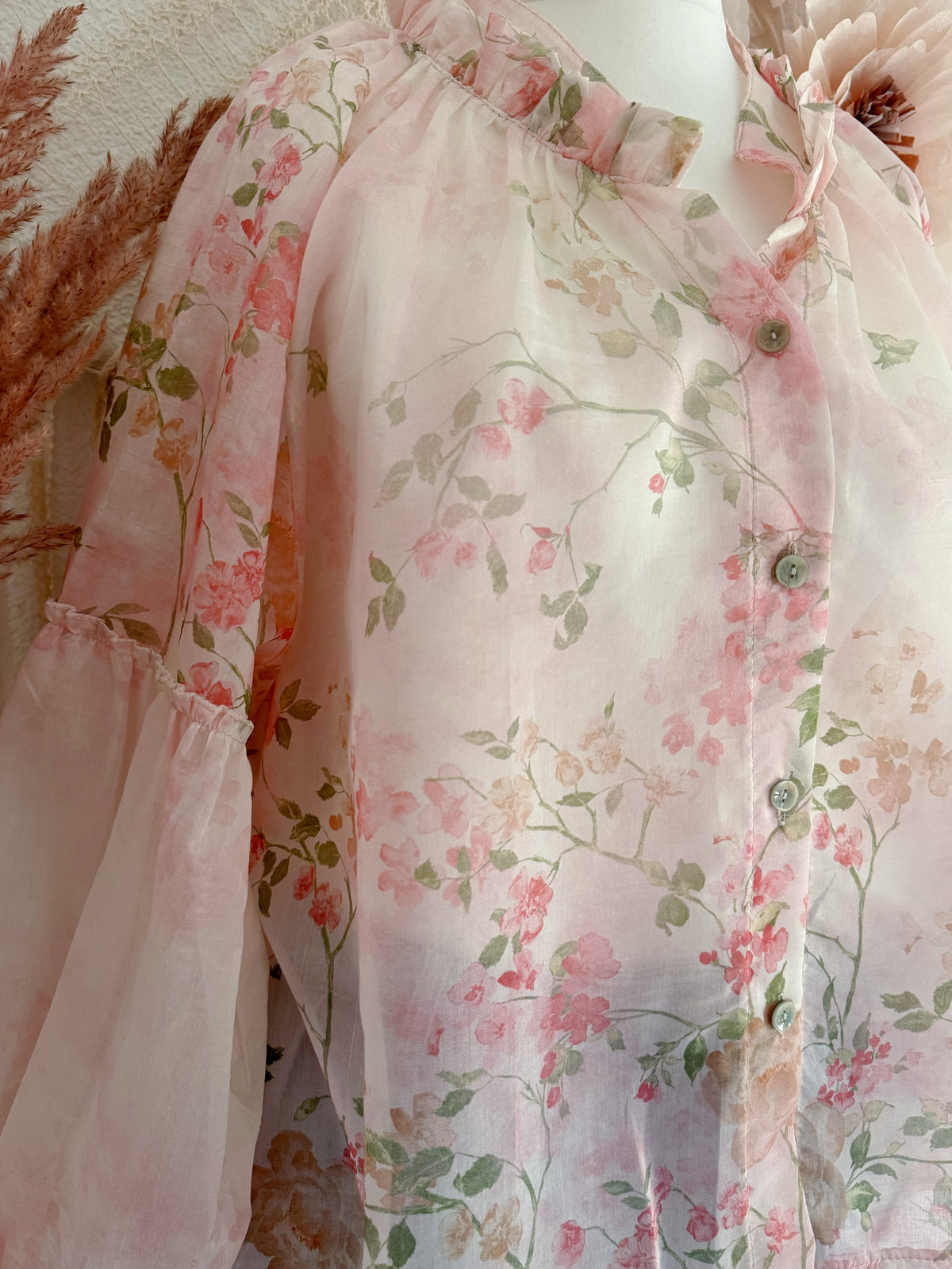 FLORALE CHIFFON-BLUSE MIT VOLANT-ÄRMEL - ONE SIZE -