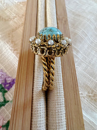 PRACHTVOLLER VINTAGE-RING MIT TÜRKIS & PERLENKRANZ
