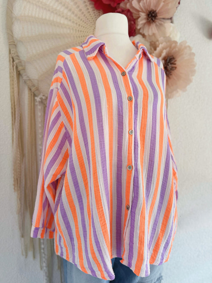 MUSSELINBLUSE MIT MIT STREIFEN IN LILA/ORANGE - ONE SIZE -