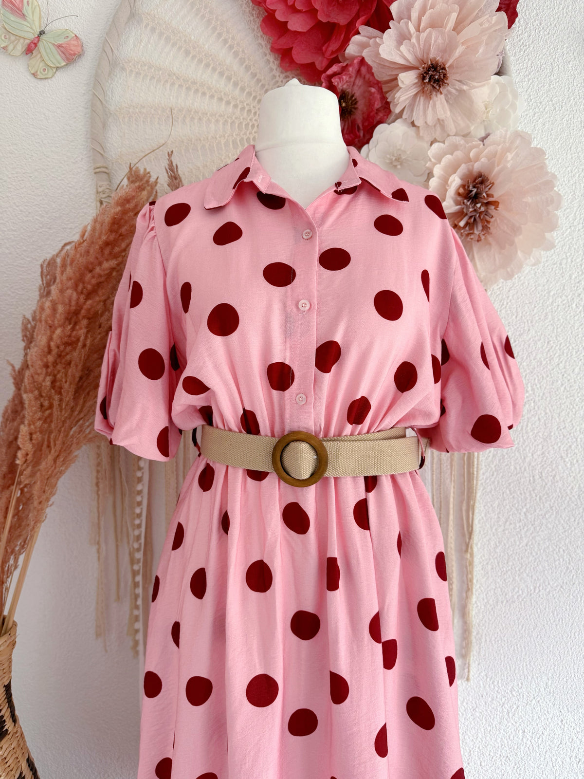 PÜNKTCHENKLEID MIT PUFFÄRMEL & GÜRTEL - ONE SIZE -