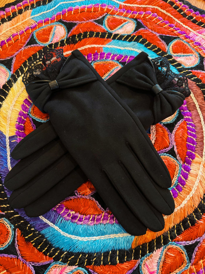 HANDSCHUHE MIT SCHLEIFE & SPITZE IN WILDLEDEROPTIK - SCHWARZ -