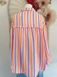 MUSSELINBLUSE MIT MIT STREIFEN IN LILA/ORANGE - ONE SIZE -