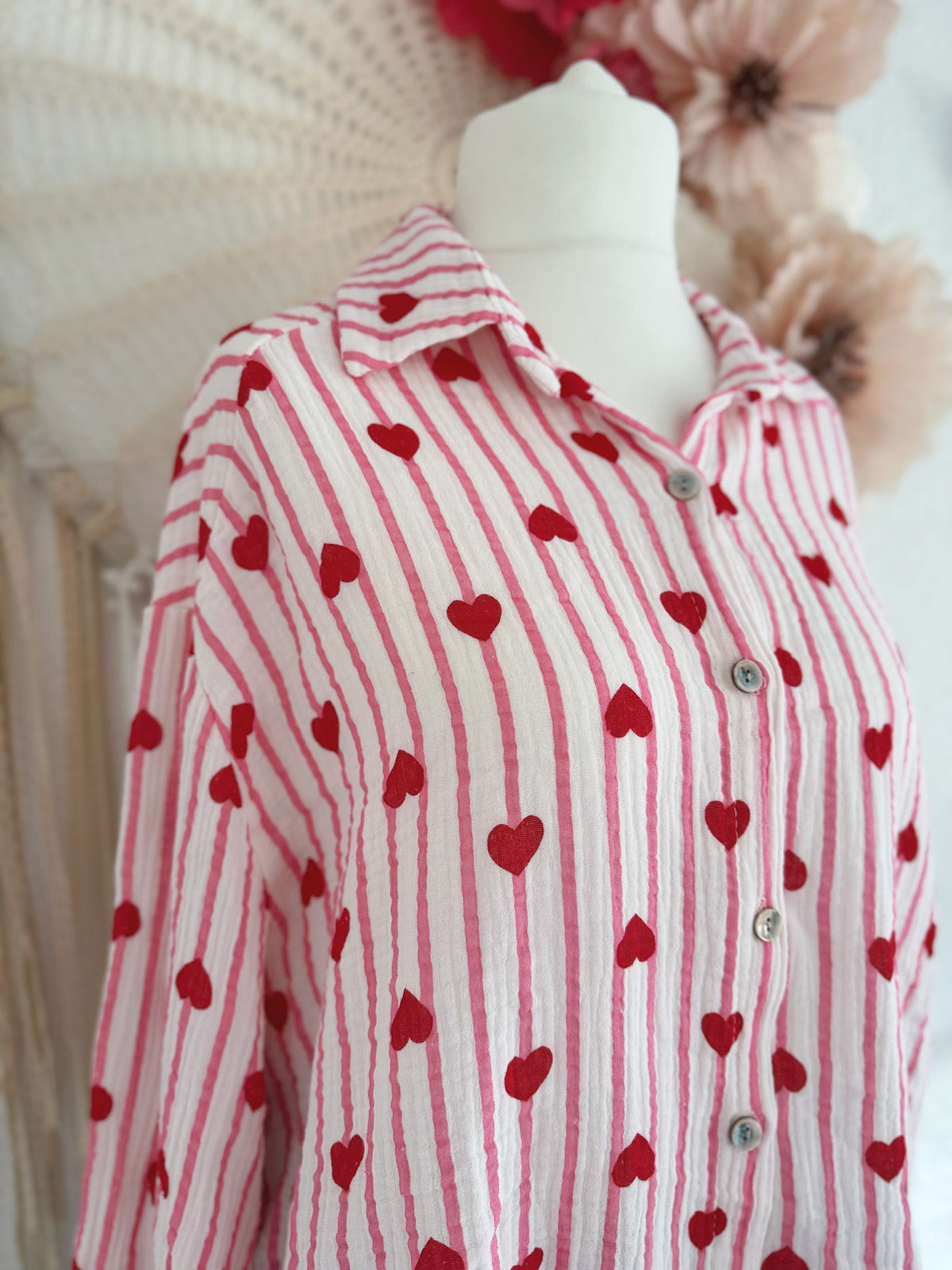 MUSSELINBLUSE MIT HERZCHEN & STREIFEN - ONE SIZE -