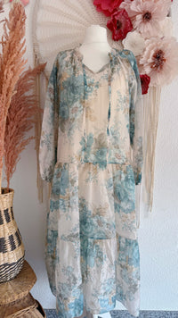 ROMANTISCHES BOHO-MAXIKLEID MIT BLUMENMUSTER IN AQUA