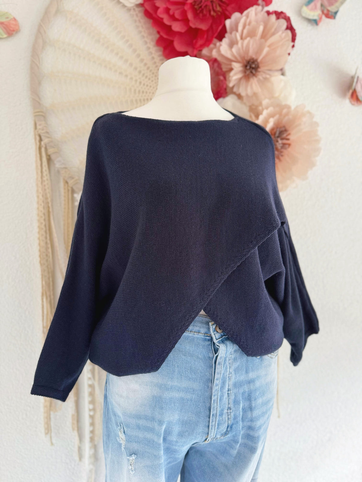 FEINSTRICKPULLOVER IN WICKELOPTIK IN DUNKELBLAU - ONE SIZE -