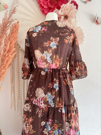 ROMANTISCHES MAXIKLEID MIT BLUMENPRINT UND RÜSCHEN IN BRAUN - ONE SIZE -