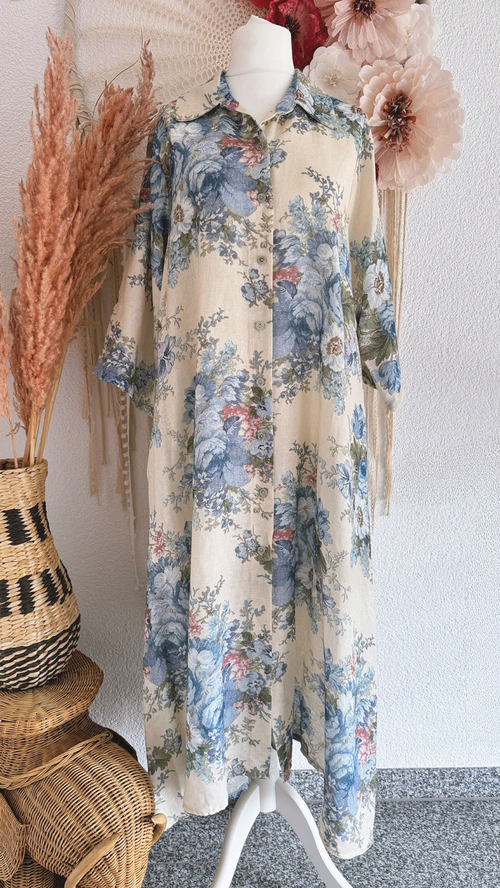 MAXI-BLUSENKLEID MIT GOBELINPRINT IM VINTAGESTIL IN BLAU - ONE SIZE -