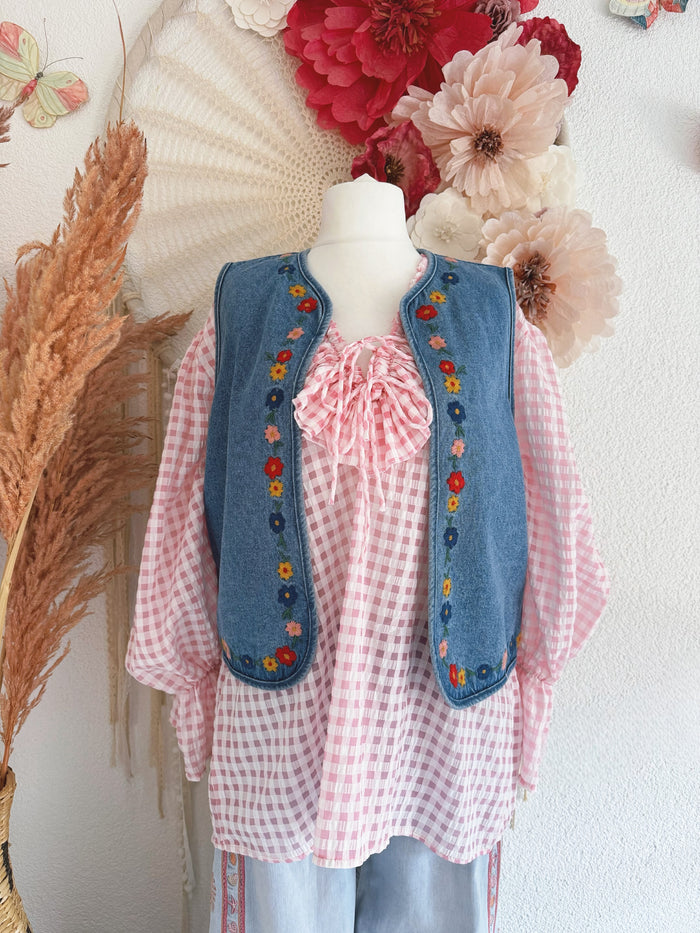 DENIM WESTE MIT BUNTER BLUMEN-STICKEREI - VERSCH. GRÖßEN -