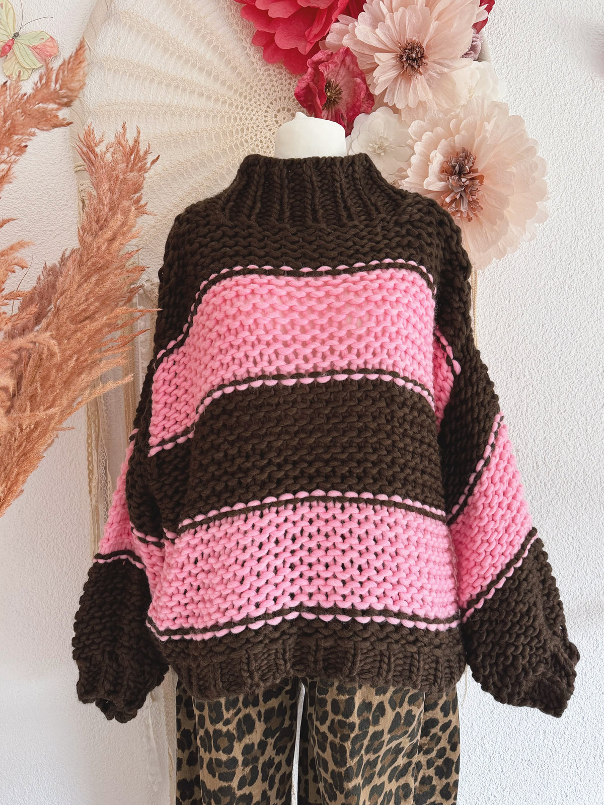 GROBSTRICKPULLOVER IN PINK & BRAUN - ONE SIZE -