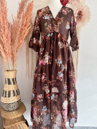 ROMANTISCHES MAXIKLEID MIT BLUMENPRINT UND RÜSCHEN IN BRAUN - ONE SIZE -