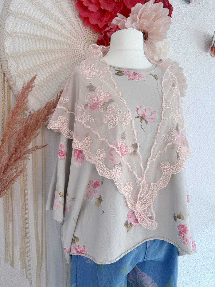 SPITZEN-HALSTUCH MIT STICKEREIEN IN ROSA