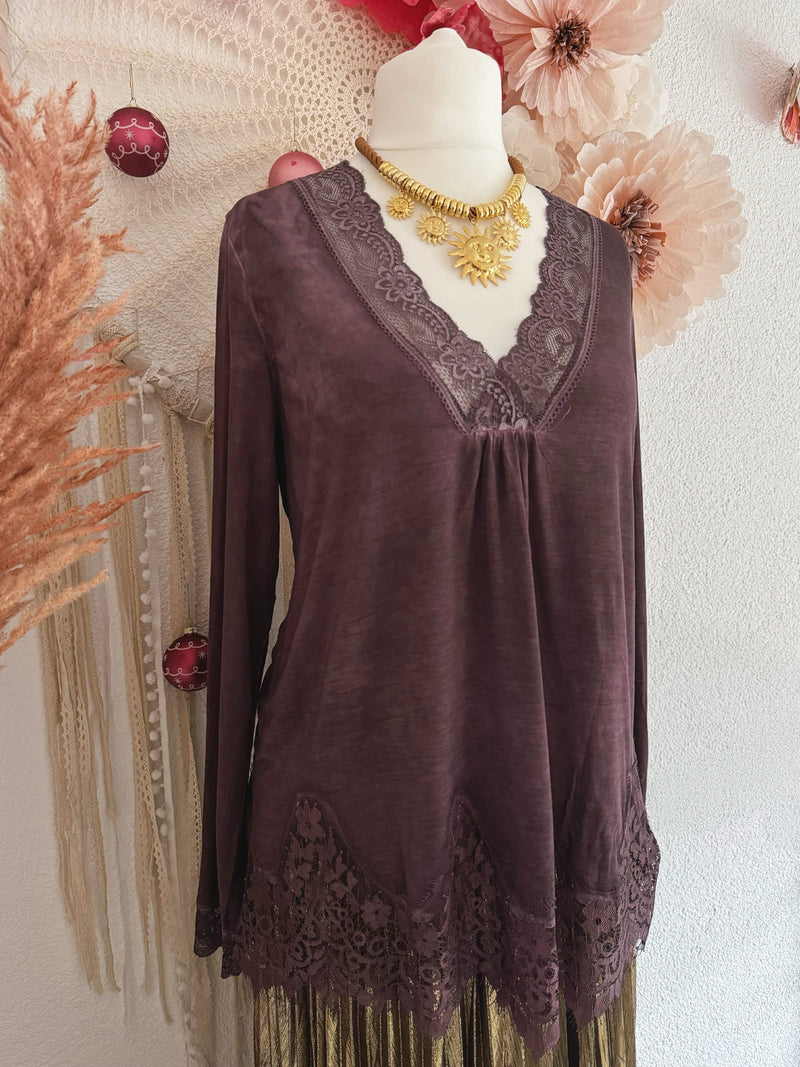 BASIC-SHIRT MIT SPITZE IN AUBERGINE - ONE SIZE -