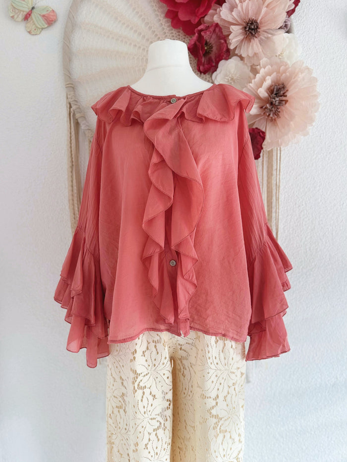 BLUSE MIT RÜSCHEN IN LACHSFARBEN - ONE SIZE -