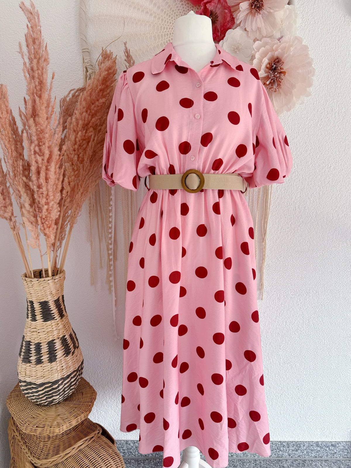 PÜNKTCHENKLEID MIT PUFFÄRMEL & GÜRTEL - ONE SIZE -