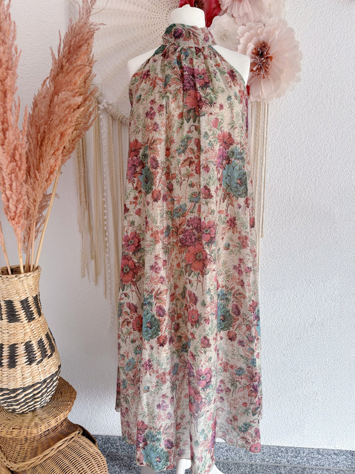 ROMANTISCHES MAXIKLEID MIT FLORALEM VINTAGE-PRINT UND NECKHOLDER MODELL A- ONE SIZE -