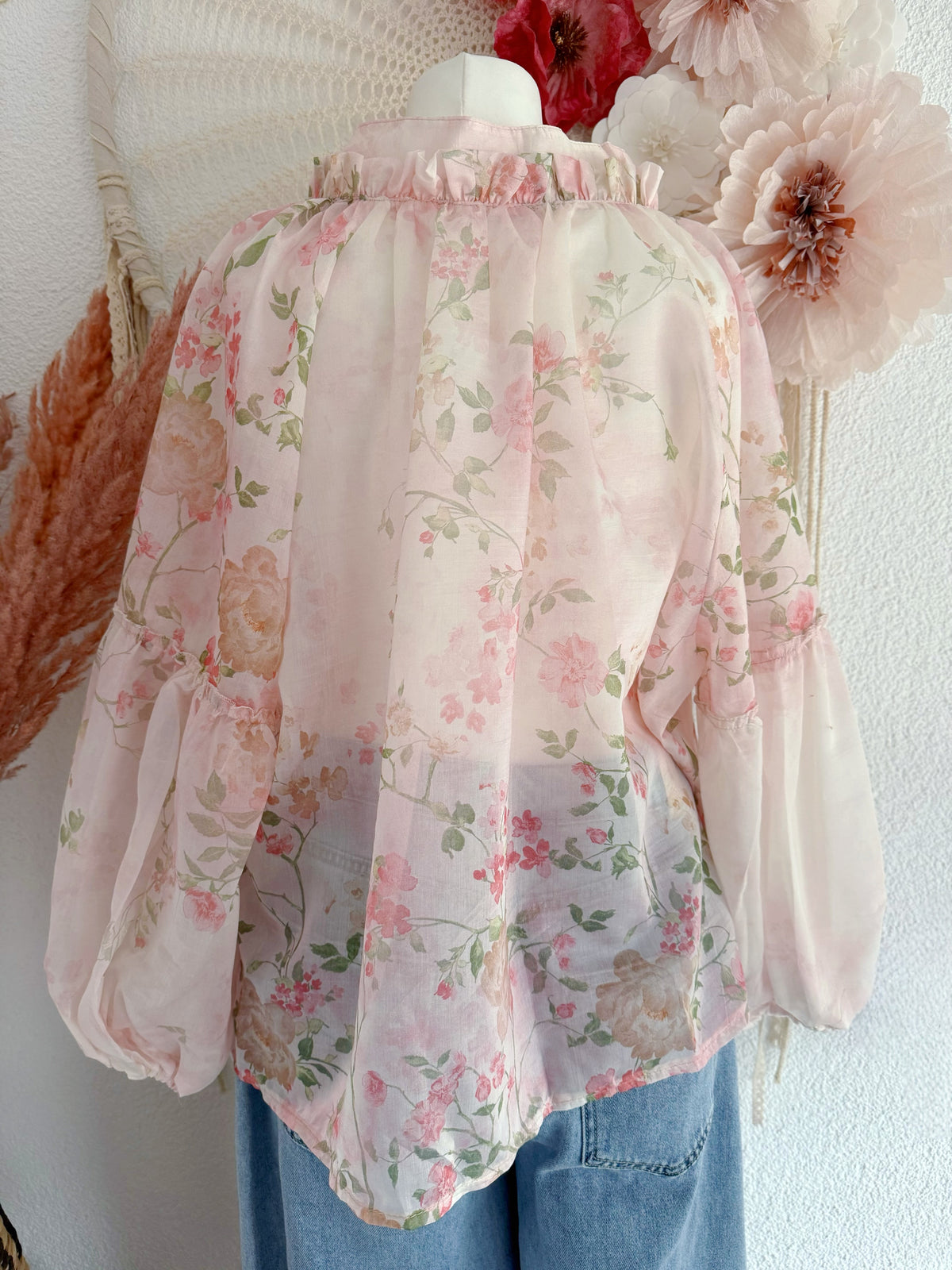 FLORALE CHIFFON-BLUSE MIT VOLANT-ÄRMEL - ONE SIZE -