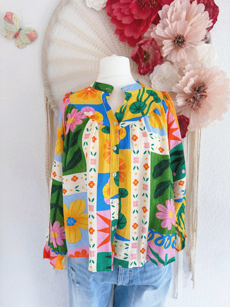BUNTE OVERSIZED BLUSE MIT FRÜHLINGSPRINT - ONE SIZE -