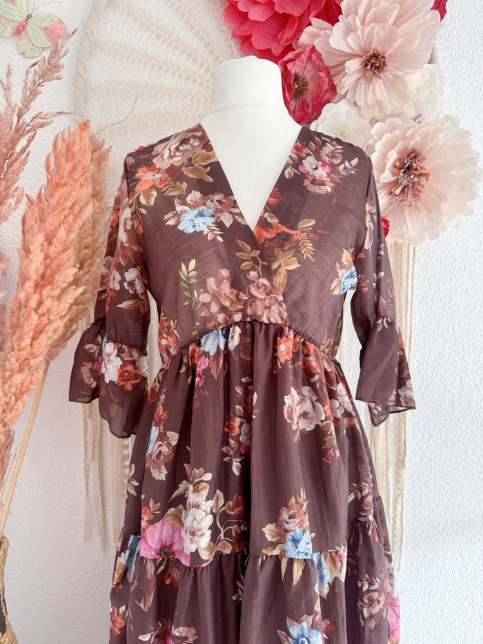 ROMANTISCHES MAXIKLEID MIT BLUMENPRINT UND RÜSCHEN IN BRAUN - ONE SIZE -