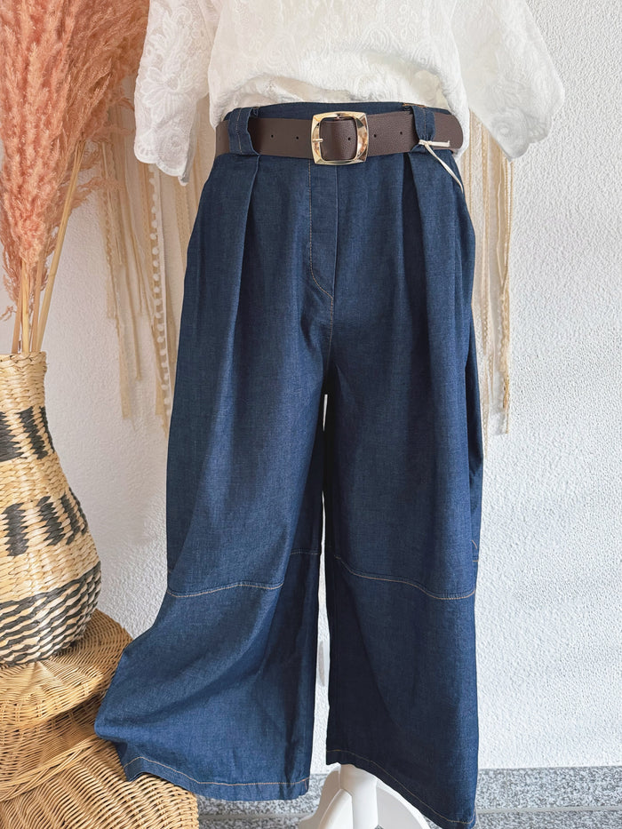 WIDE-LEG-HOSE IN DENIM-OPTIK & GÜRTEL - ONE SIZE -