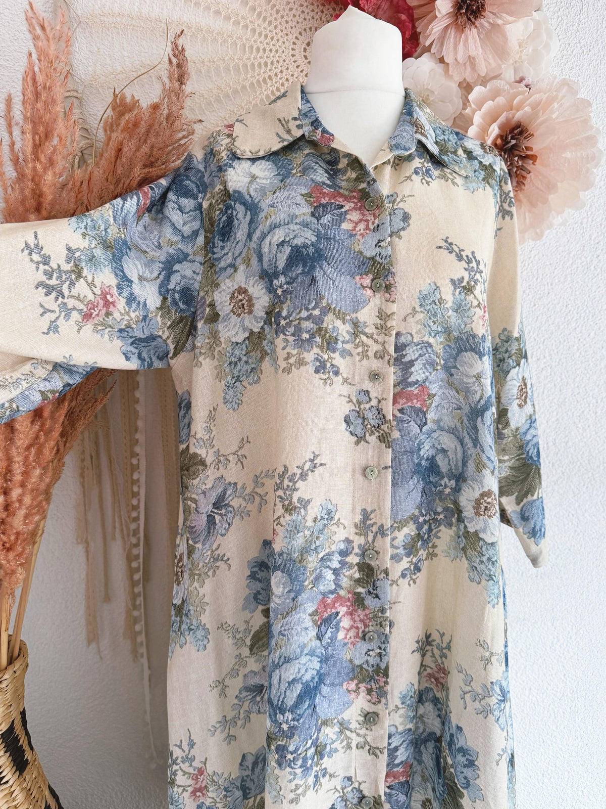 MAXI-BLUSENKLEID MIT GOBELINPRINT IM VINTAGESTIL IN BLAU - ONE SIZE -