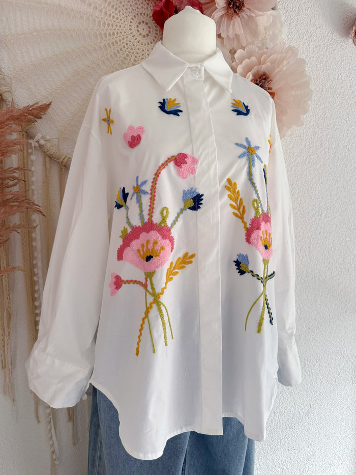 OVERSIZE-BLUSE MIT FLORALER STICKEREI - ONE SIZE -