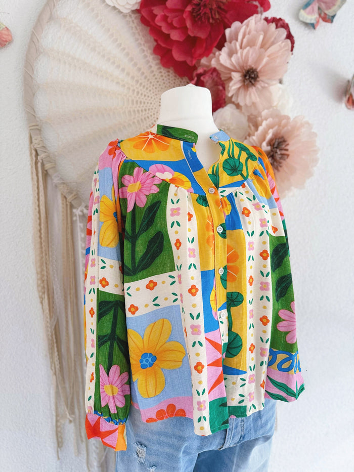 BUNTE OVERSIZED BLUSE MIT FRÜHLINGSPRINT - ONE SIZE -