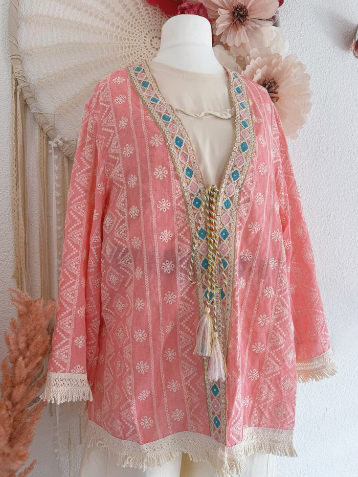 BOHOKIMONO MIT LOCHSPITZE IN ROSA - ONE SIZE -