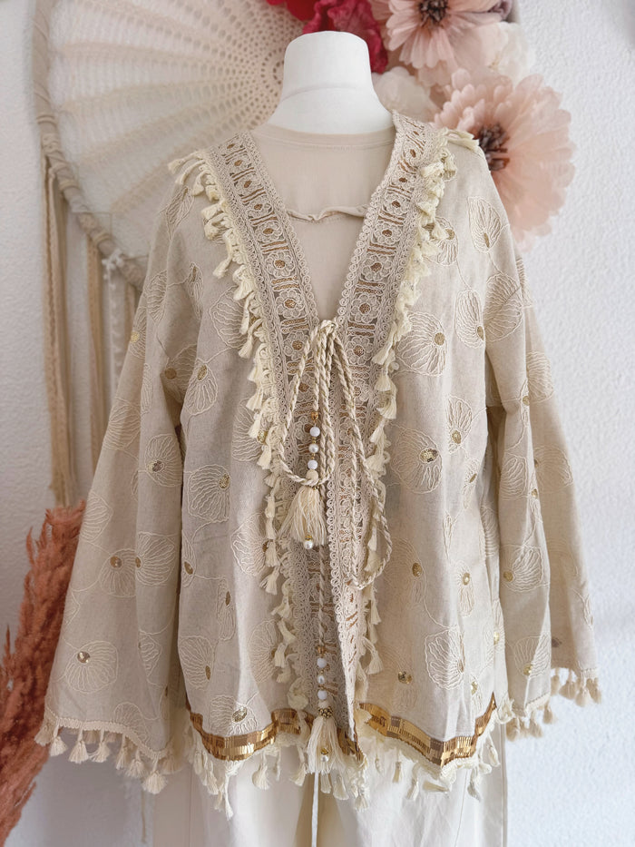 BOHOKIMONO MIT STICKEREIEN UND GOLDENEN  PAILLETTEN - ONE SIZE -