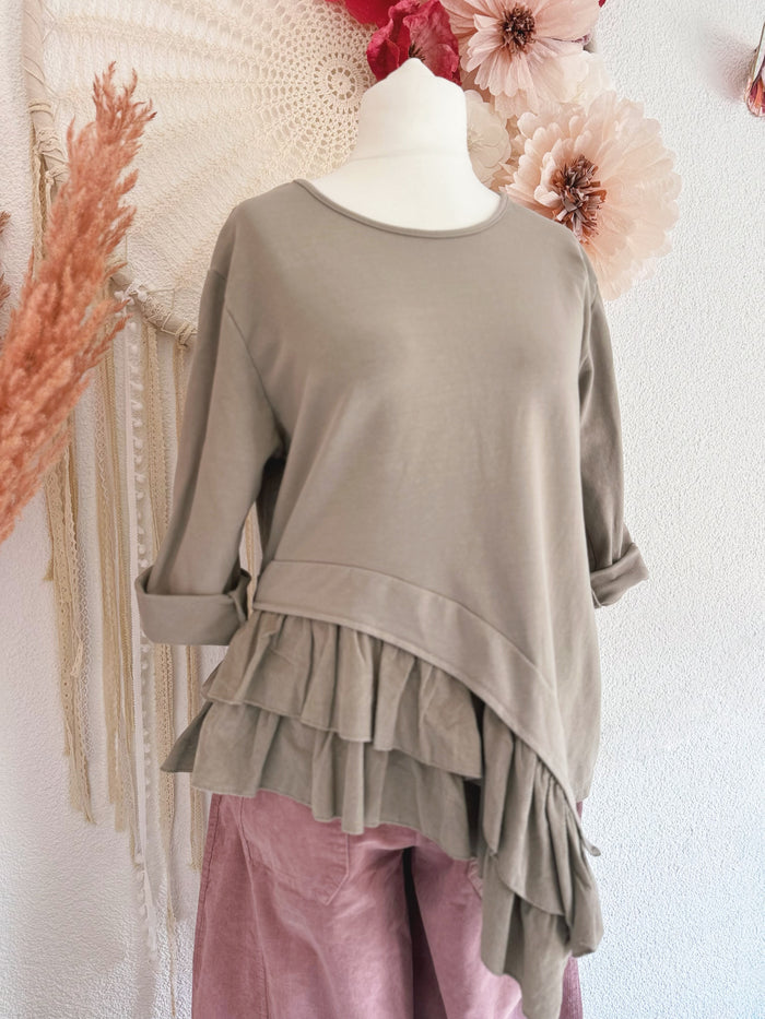 ASYMMETRISCHES LONGSLEEVE MIT VERSPIELTEM VOLANT-DETAIL IN GRAU - ONE SIZE
