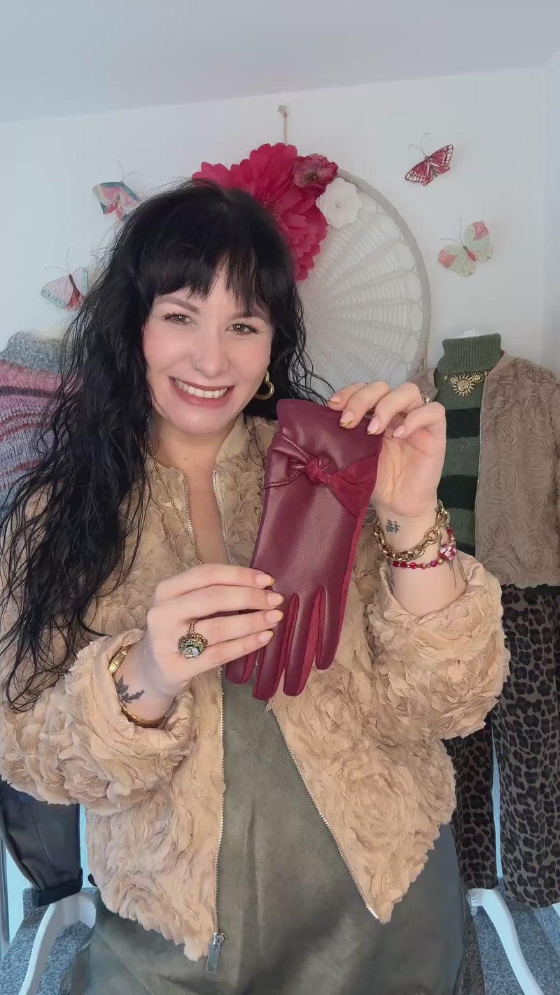 HANDSCHUHE MIT SCHLEIFE & KUNSTLEDER - BORDEAUX -