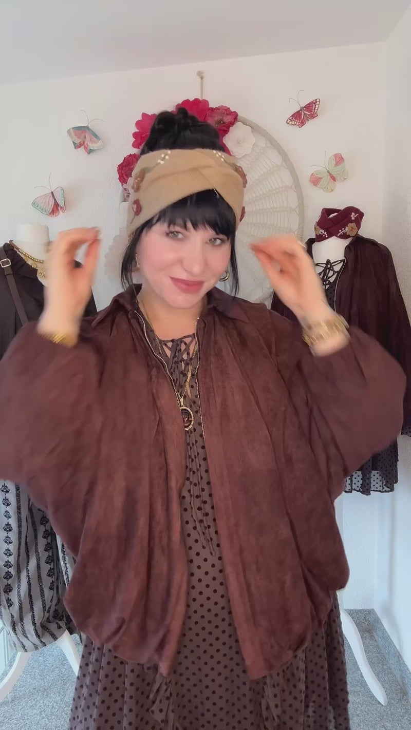 STIRNBAND MIT KNOTEN & STICKEREIEN - TAUPE -