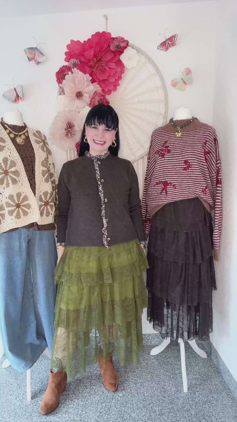 MIDIROCK AUS SPITZE MIT STUFEN IN OLIVE - ONE SIZE -