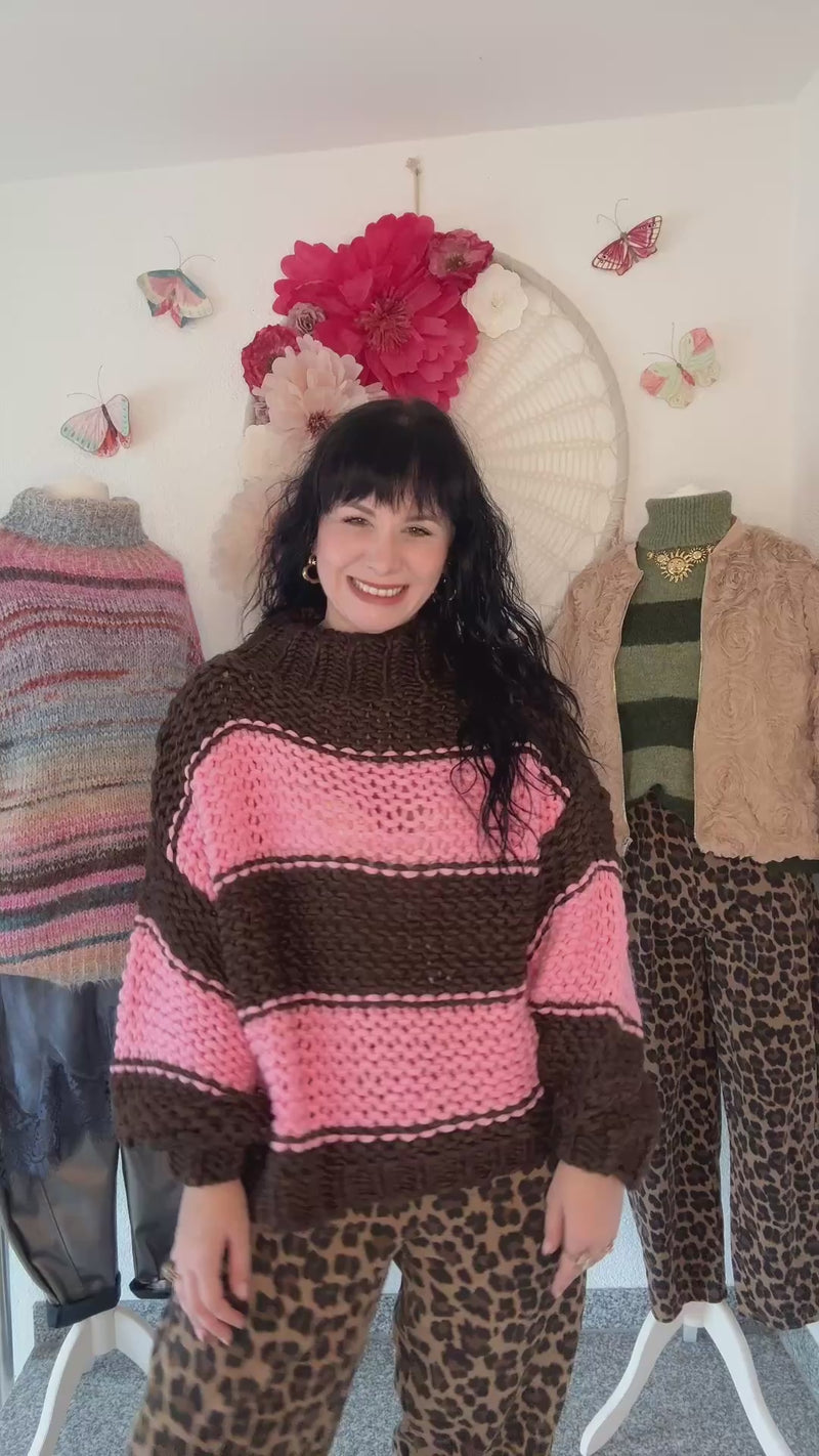 GROBSTRICKPULLOVER IN PINK & BRAUN - ONE SIZE -