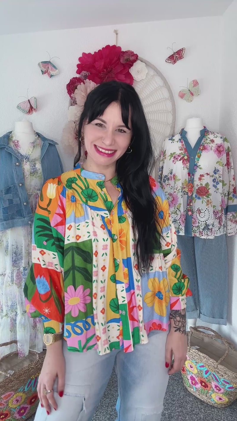 BUNTE OVERSIZED BLUSE MIT FRÜHLINGSPRINT - ONE SIZE -