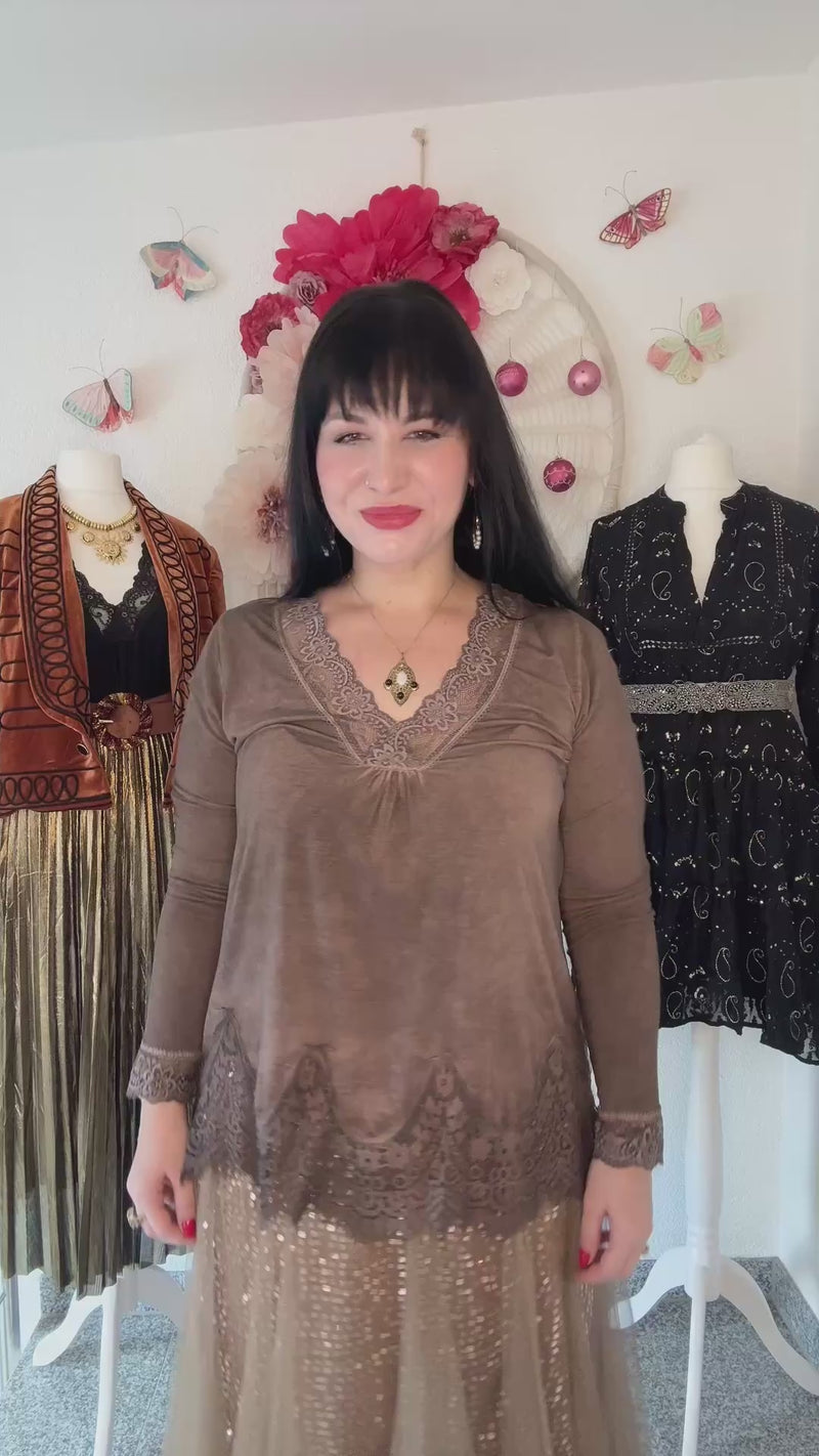 BASIC-SHIRT MIT SPITZE IN BRAUN - ONE SIZE -