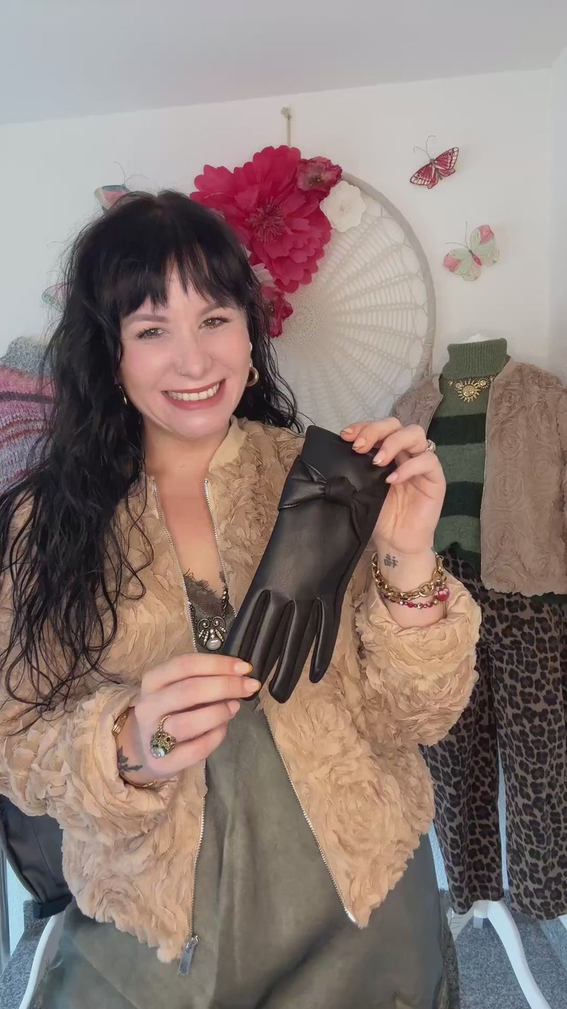 HANDSCHUHE MIT SCHLEIFE & KUNSTLEDER - SCHWARZ -